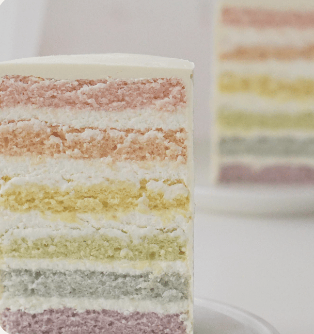 a slice of cake with a rainbow - colored layers