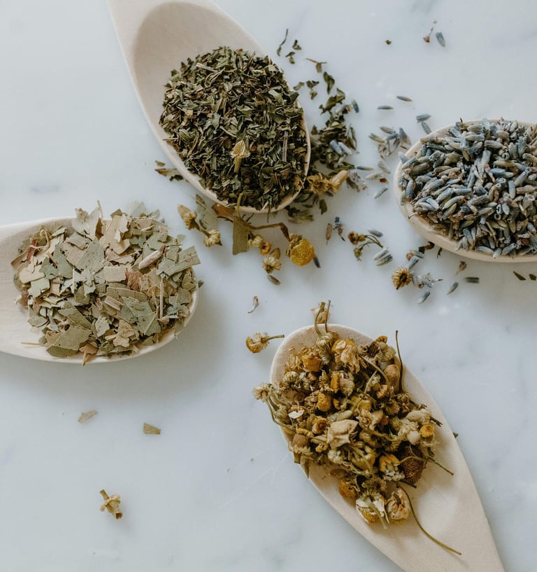 four spoons with various dried herbs