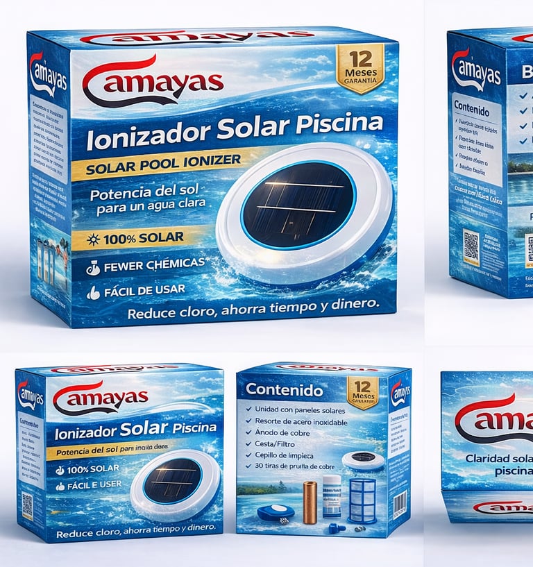 Eco-friendly Camayas solar pool ionizer packaging showing the floating water purifier for chlorine reduction.