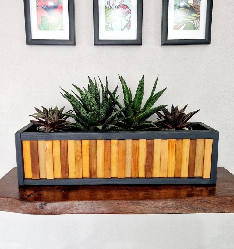 planter with cacti and succulent made from reclaimed wood in mosaic shapes