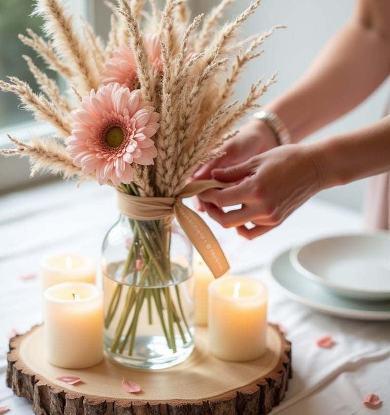 Centre de table DIY avec fleurs séchées et bougies idéal mariage