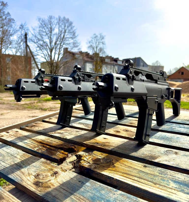 Airsoft ginklo dizainas su detaliais korpuso elementais