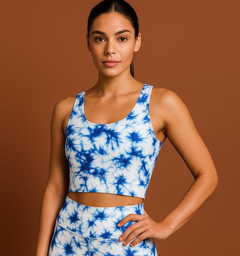 a woman in a blue and white tie dye dye dye dye dye dye dye dye