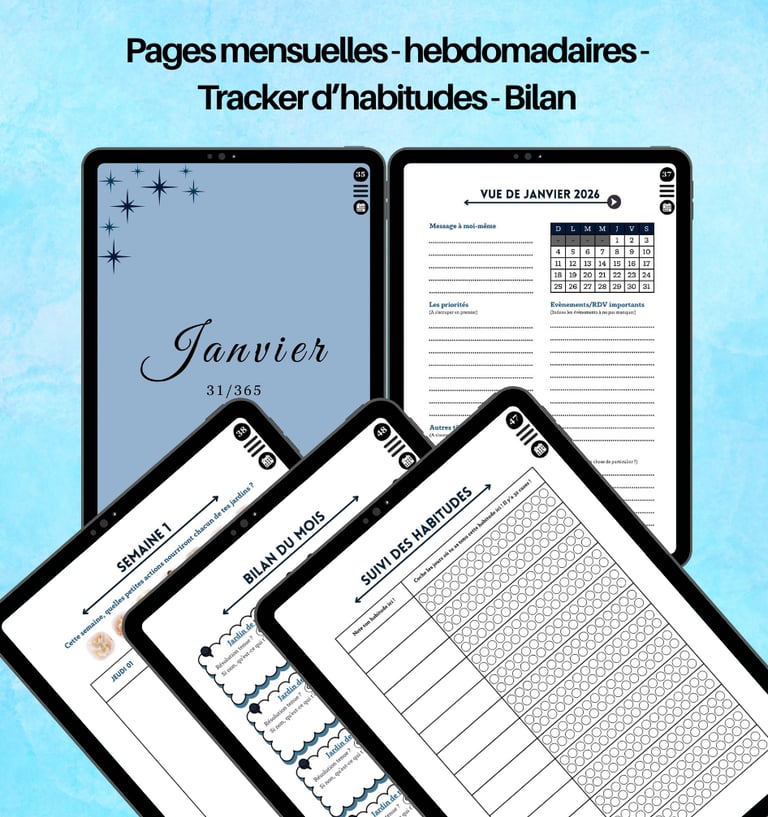 Agenda numérique sur tablettes affichant des pages mensuelles, hebdomadaires et de suivi d'habitudes