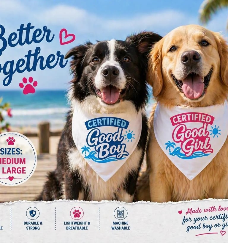 Golden Retriever and Border Collie wearing Certified Good Boy and Girl dog bandanas at the beach.