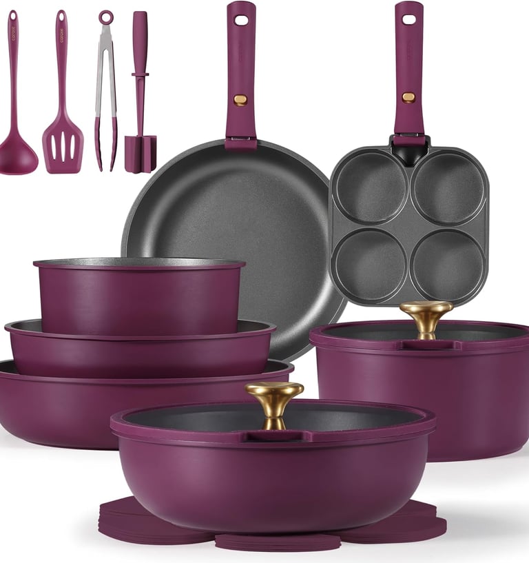 CAROTE 21pcs Induction Nonstick Pots and Pans Set with Detachable Handle