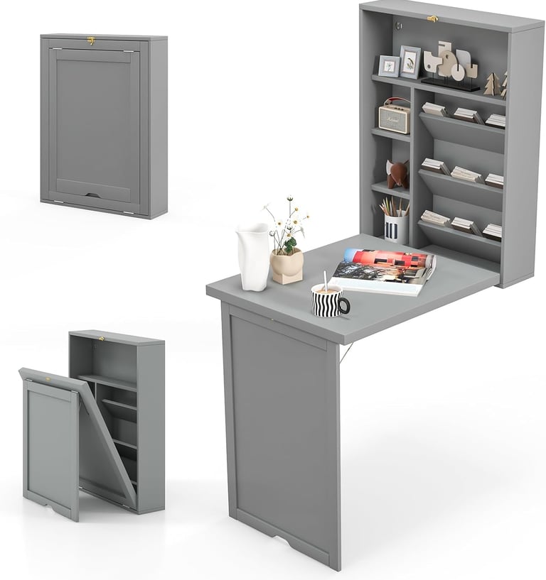 Foldable Wall Mounted Floating Desk with Storage Shelves & Hooks, Dorm Table
