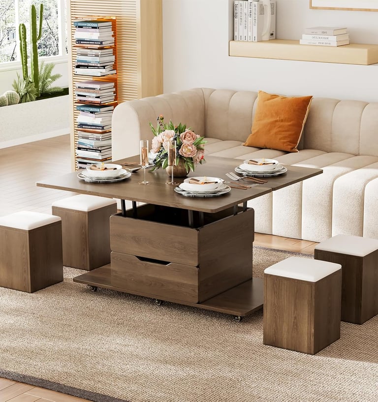 Lift-Top Convertible Coffee Table with Hidden Storage with 4 Stools, Casters, and Lockable Wheels
