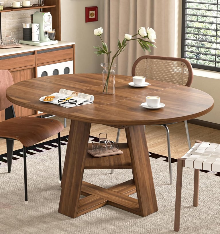 Extendable Modern Space Saving Round Dining Table for 4-8 with Removable Leaves