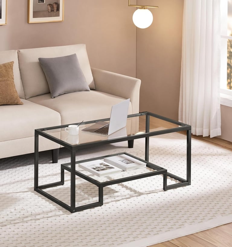 Tempered Glass Coffee Table, Modern Simple Center Tables w/Geometric-Inspired Design & Metal-Frame