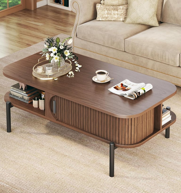 Mid Century Modern Coffee Tables for Living Room, Coffee Table with Storage Open Shelf, Fluted Table