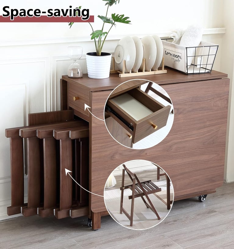 Extendable Drop Leaf Space Saving Dining Table with 2 Drawers and 4 Wheels for Living Room Kitchen