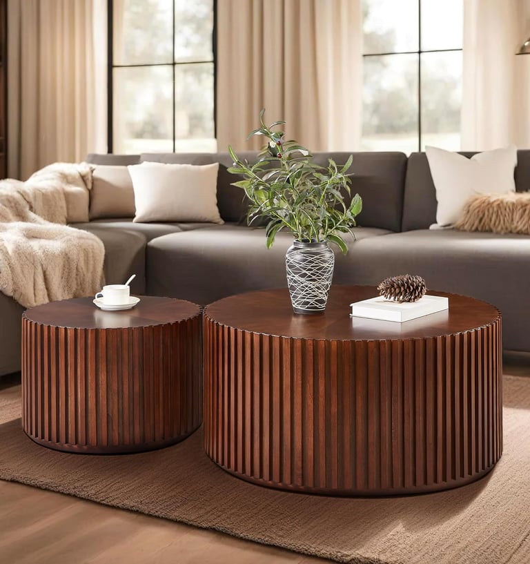 Round Wood Coffee Table Set of 2