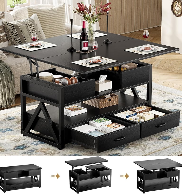 4 in 1 Multi-Function Lift Coffee Tables with Storage Drawers and Hidden Compartmen