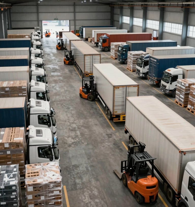 Overhead wide-angle view of a logistics distribution hub, trucks aligned in bays, forklifts moving palletized cargo under industrial lighting, clear sightlines across the full warehouse floor, natural light from skylights, emphasizing operational scale and order