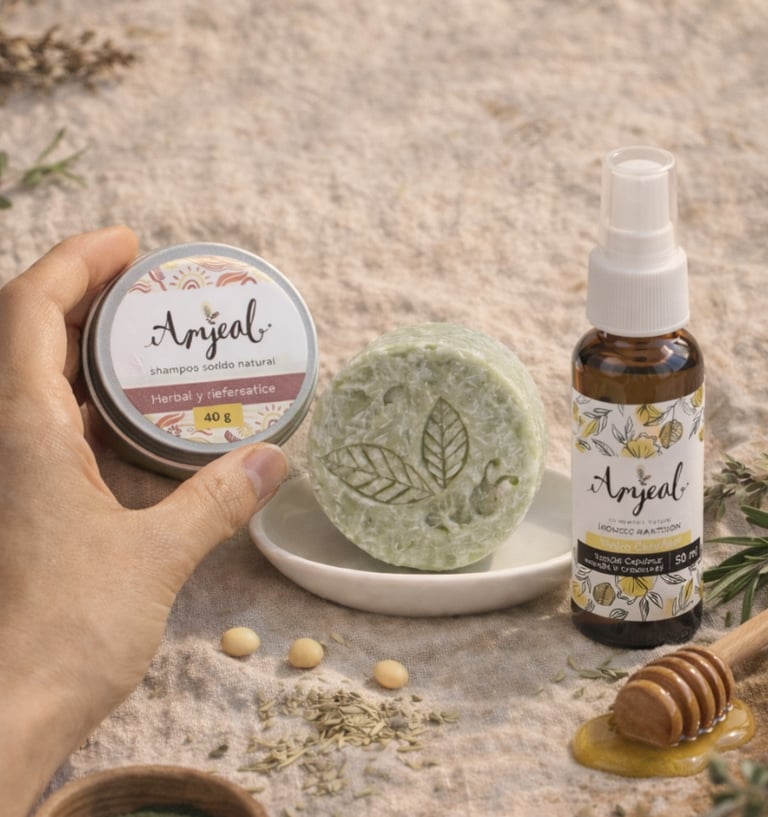 Productos de cosmetica natural hecha en yucatan sobre una mesa color beige