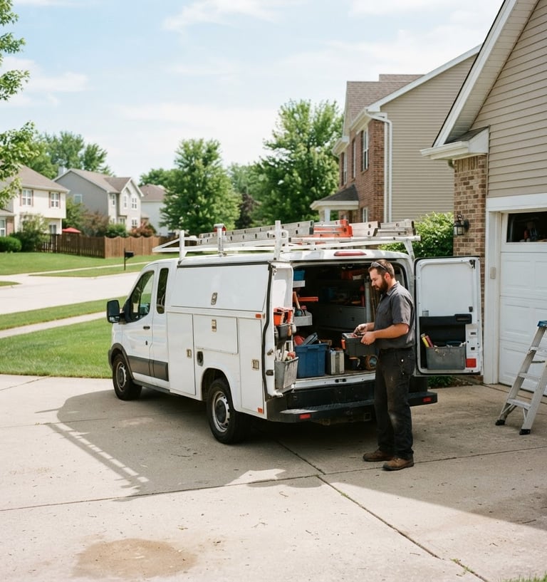 WestEnd Garage Door Repairs service truck parked in a Congerville, Illinois residential driveway, technician standing beside it, bright natural daylight, clean industrial tones.