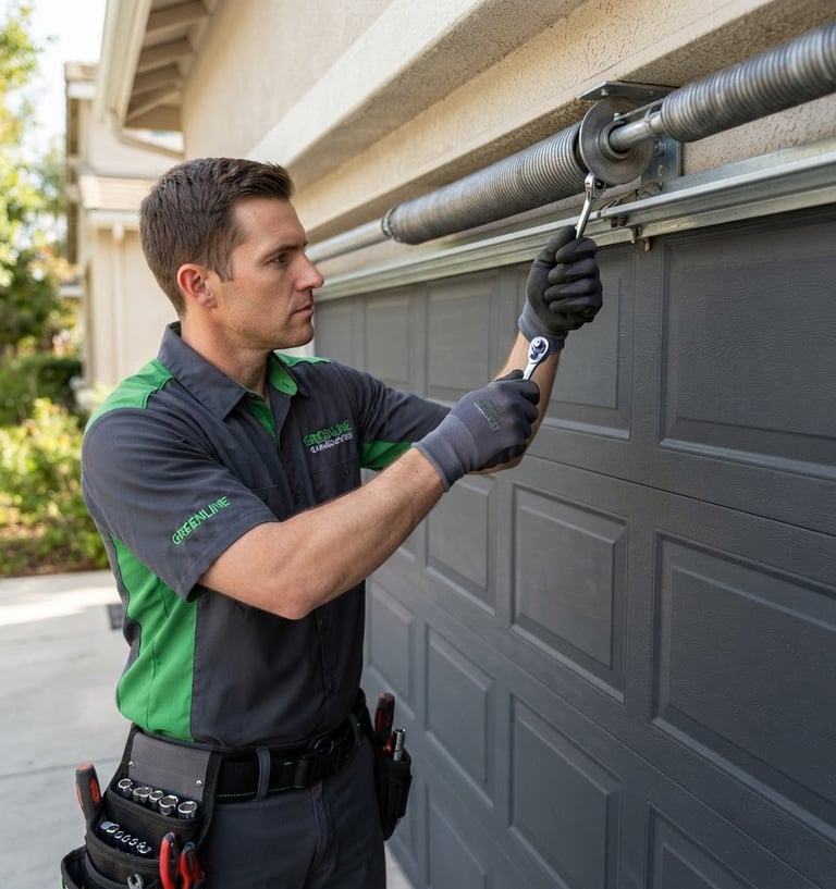 A GreenLine Garage Door's Repairs Team technician in a clean uniform, focused on inspecting a garage door's torsion spring, hands gloved, tools visible, bright natural daylight, clean green and charcoal tones, sharp focus, 35mm.