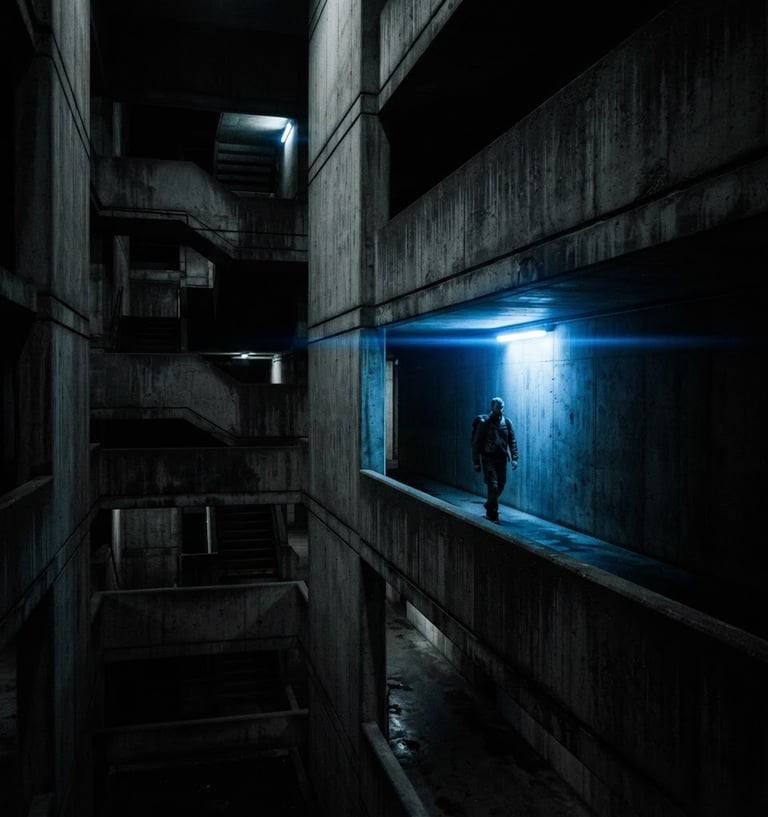 Wide cinematic still from 'Urban Concrete' commercial, brutalist architecture, high-contrast monochrome, deep shadows, a single sharp electric blue light source, anamorphic lens, 35mm grain.