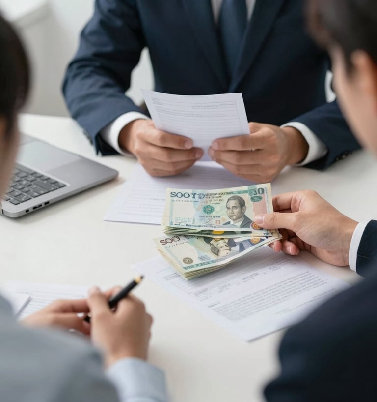 Tres personas en reunión liquidando un contrato laboral con dinero y lápiz