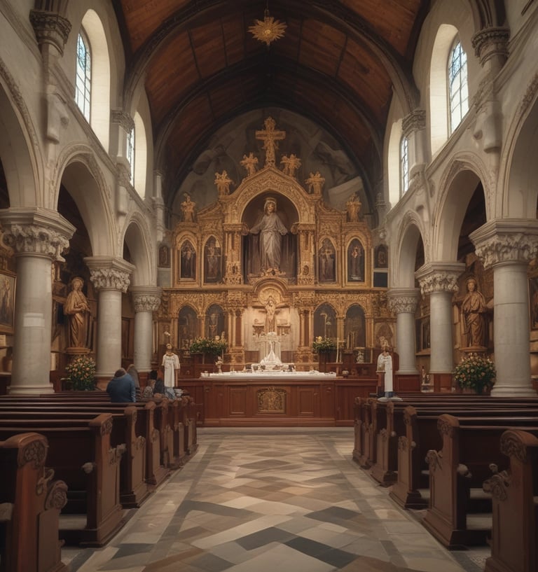 small church with few people and children praying