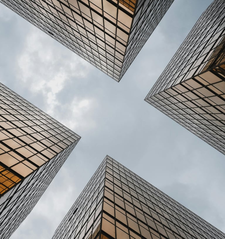 a group of tall buildings with a sky view of the sky