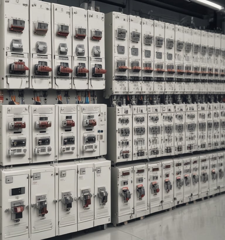 An industrial warehouse filled with various stacks and arrangements of metal beams, shelving units, and construction materials. A white truck is parked among the clutter. The scene includes colorful pallets and containers lining the walls, and the floor is mostly concrete.