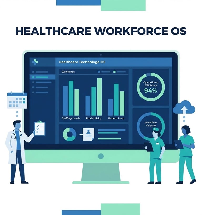 Modern healthcare technology dashboard displaying workforce management metrics and operational effic