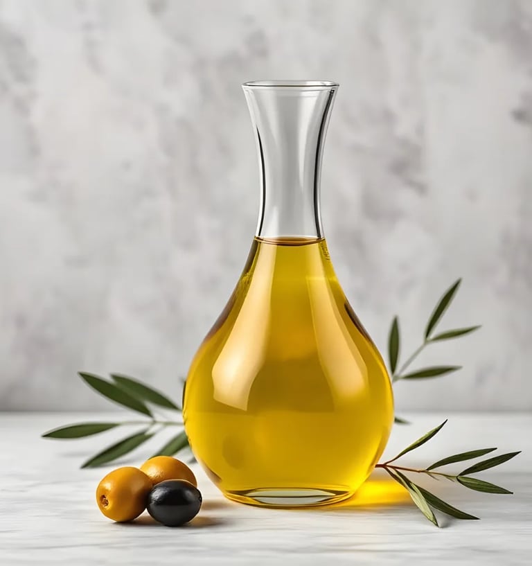 Eine Karaffe Olivenöl umgeben von Oliven und Olivenblätter