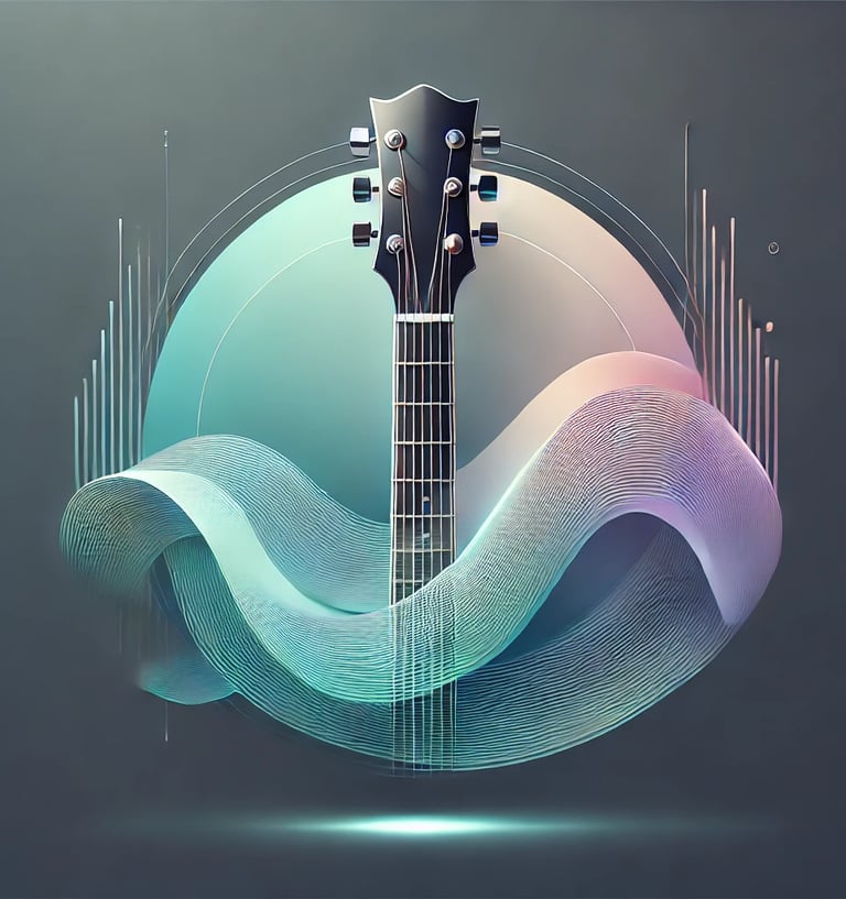 Abstract digital illustration of a guitar neck with flowing sound waves and modern, minimalist design.