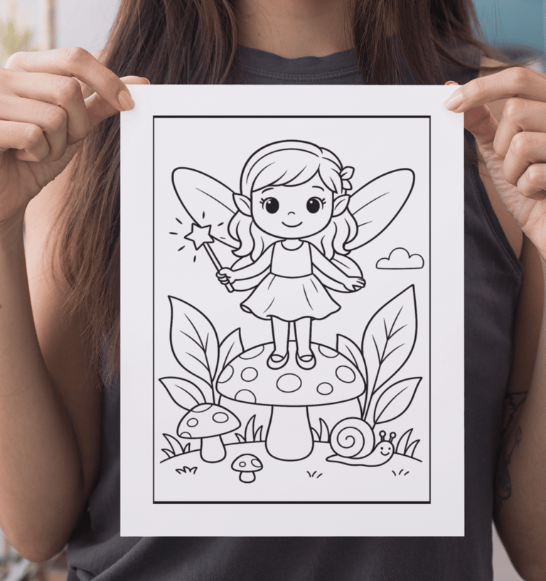a girl with a fairy costume holding a coloring page