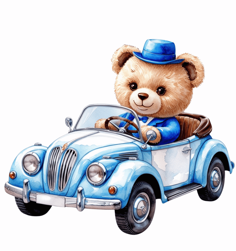 A cute, fluffy brown teddy bear wearing a blue suit, blue bowtie, and blue fedora hat is happily dri