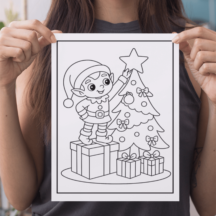 a woman holding a christmas card with a christmas tree