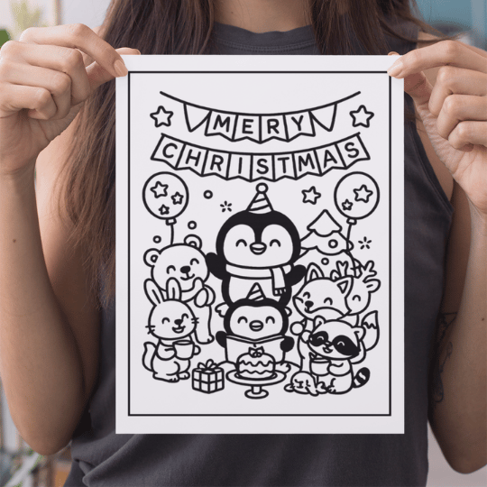 a woman holding up a card with a penguin and a penguin