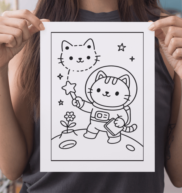 a woman holding a drawing of a cat