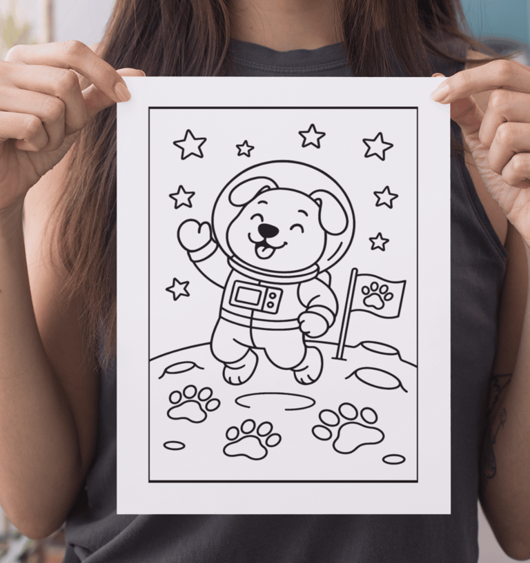 a woman holding a coloring book with a drawing of a bear