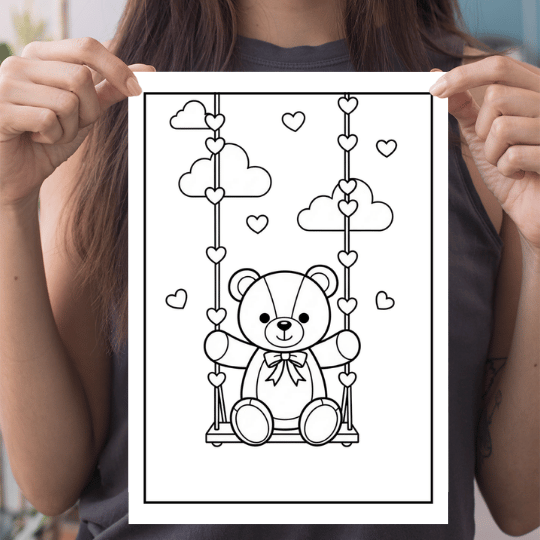 a woman holding a card with a drawing of a teddy bear