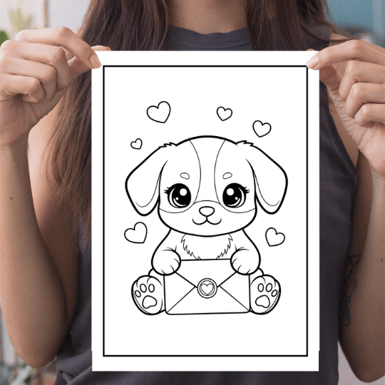 a woman holding a picture of a dog in a coloring book