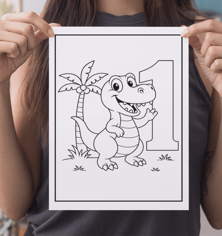 a woman holding up a drawing of a dinosaur