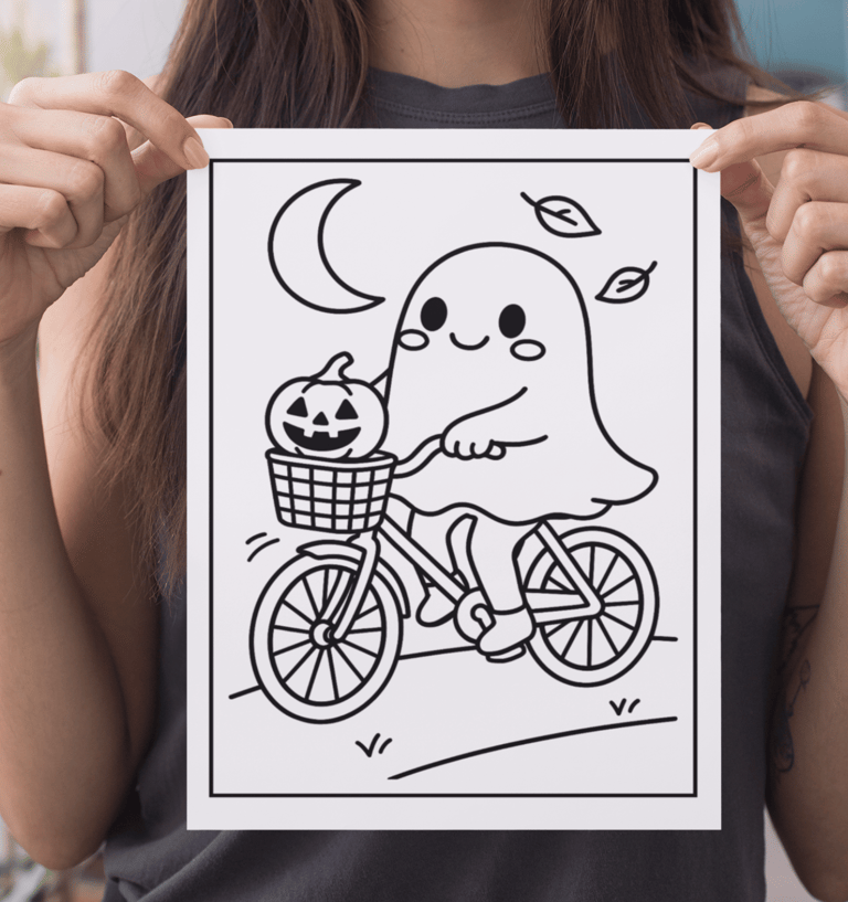 a woman holding up a drawing of a ghost ghost ghost