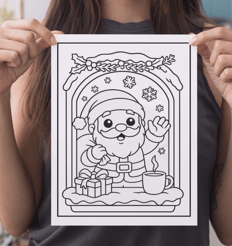 a woman holding a coloring book with a santa clause