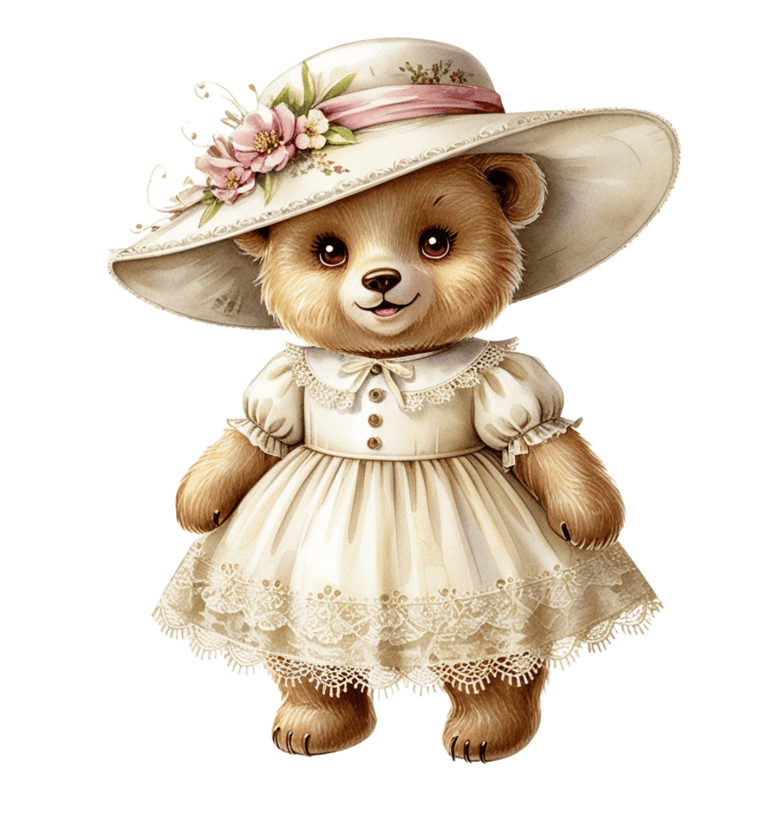 a teddy bear dressed in a white dress and hat