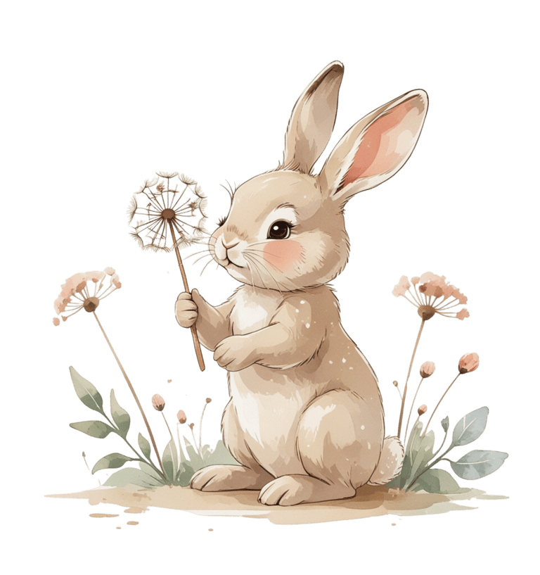Cute watercolor bunny holding a dandelion, surrounded by soft pastel flowers and leaves on a white b