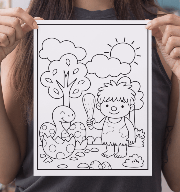 a woman holding up a coloring book with a drawing of a girl