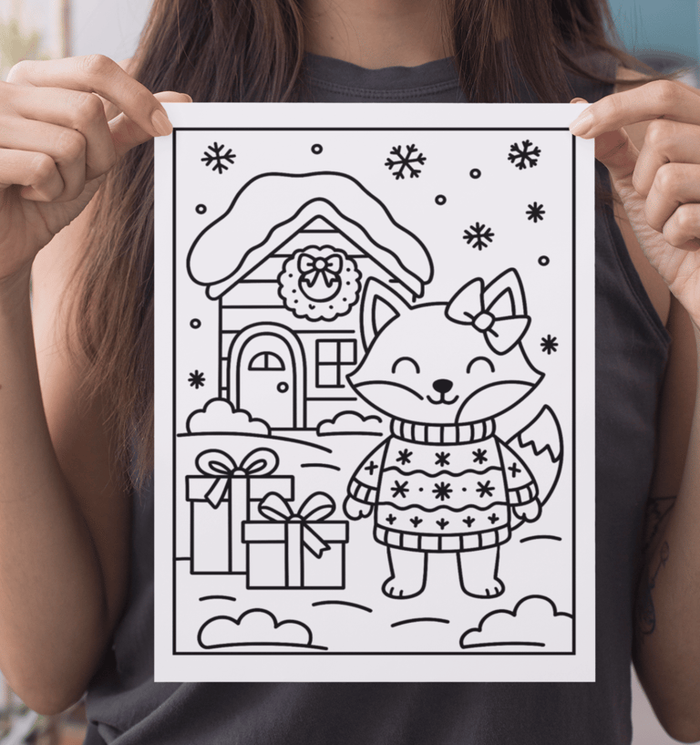 a woman holding a paper cutout of a christmas card