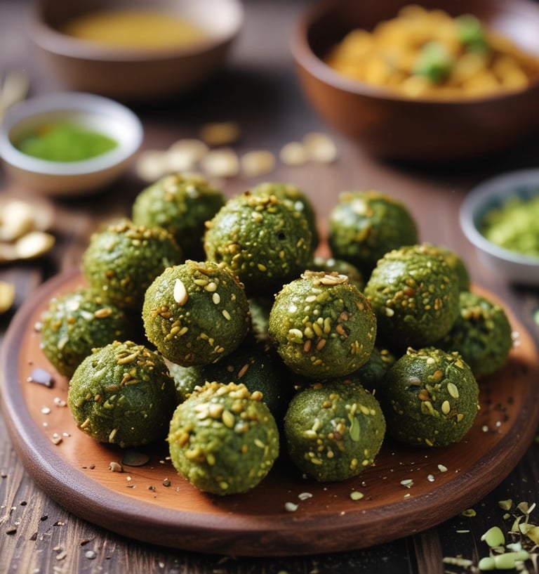 Close-up of Green moong dal ladoos with a sprinkle of pistachios on a rustic wooden plate