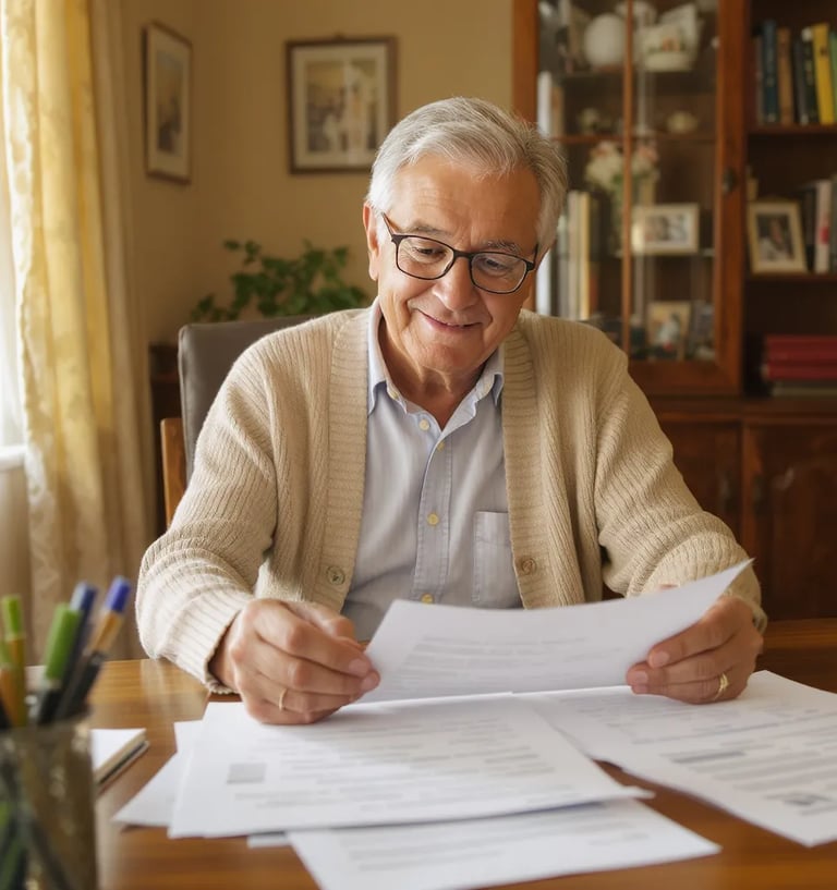 Warm, approachable photo of a senior reviewing documents