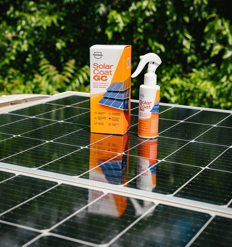 a nanocoating product in a yellow and white spray bottle and box set on top of a solar panel