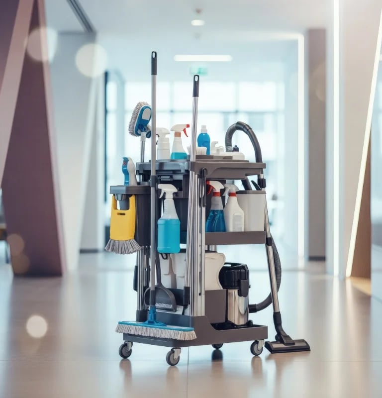 Commercial cleaning cart with mops, spray bottles, vacuum, and supplies organized for professional janitorial use
