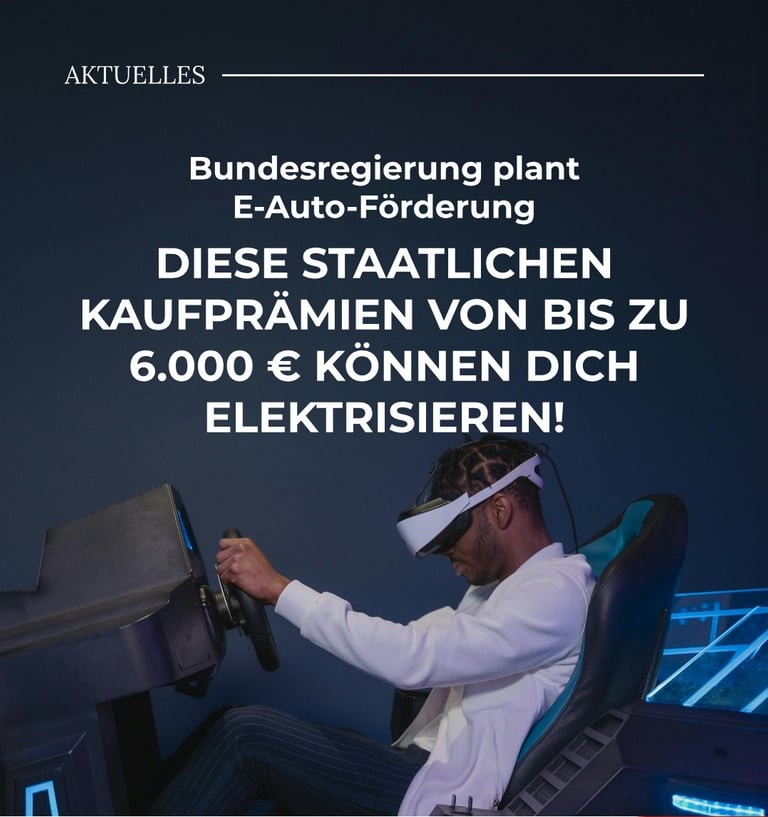 Mann in Rennsimulator und Überschrift zum Thema E-Auto-Förderung